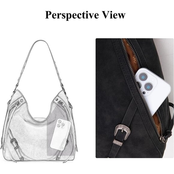 Elegant Wrangler Large Black Hobo Bag with Buckle Detail & Quick-Access Pockets - Picture 5 of 8